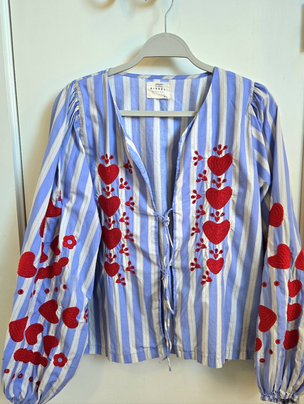 VISSLA Blue & White Striped Embroidered Tie-Front Blouse with Red Hearts